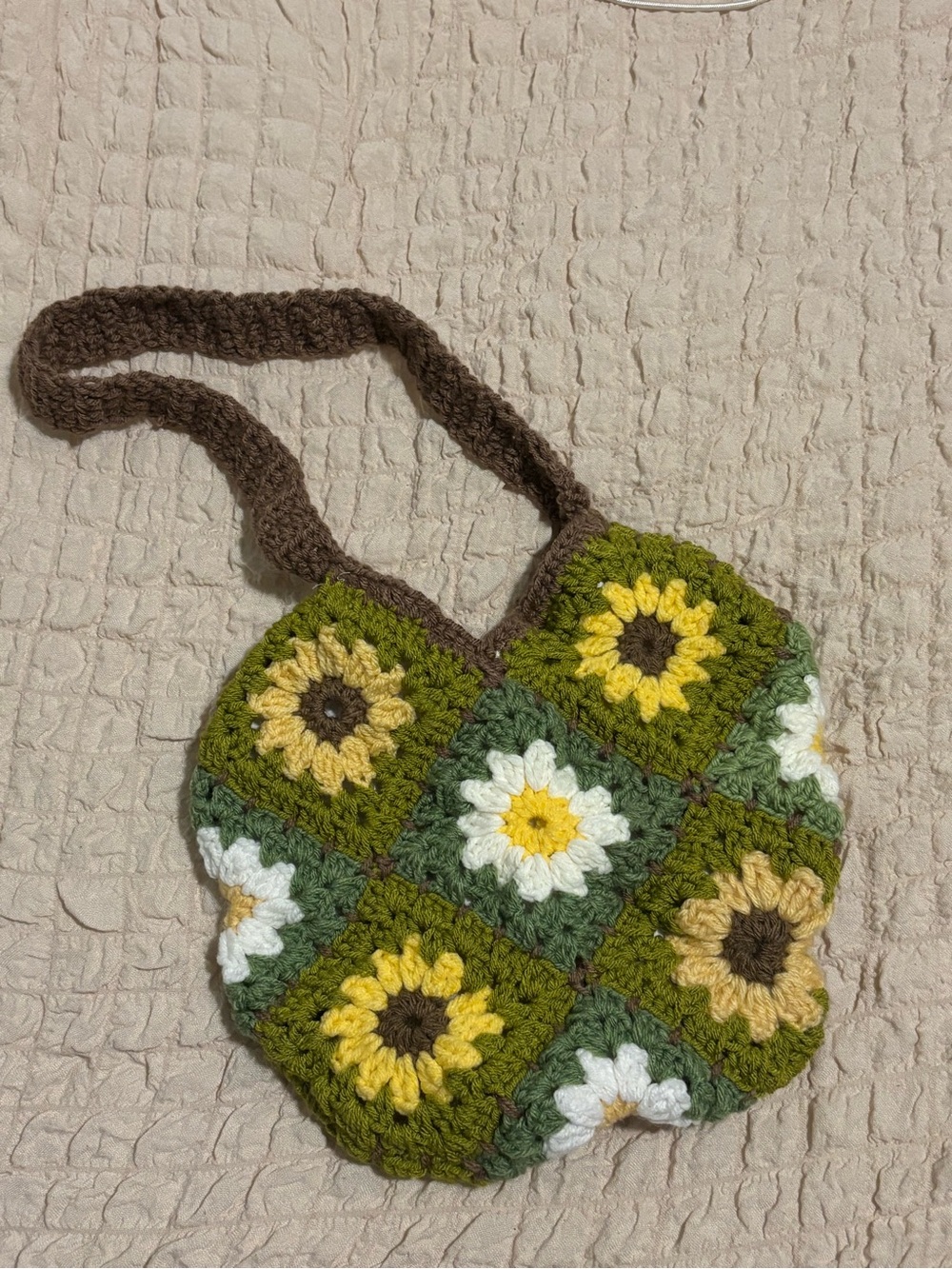Handmade Crochet Floral Shoulder Bag in Green & Yellow